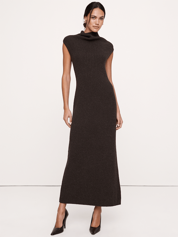 Merino-Cotton Drape-Neck Midi Sweater Dress