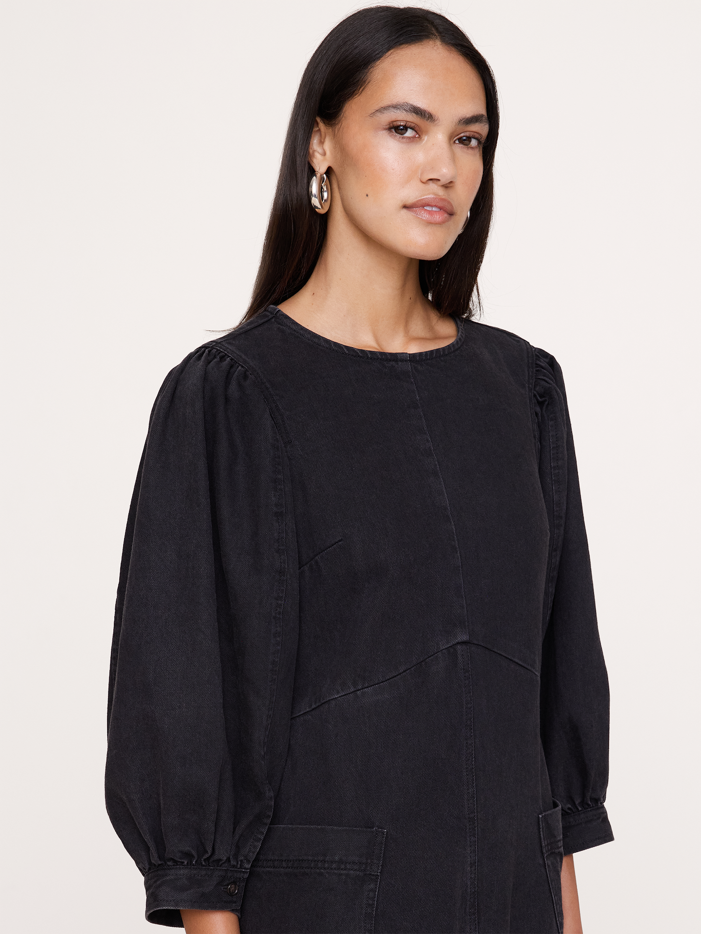 Image 4 of 4, Denim Puff-Sleeve Midi Dress