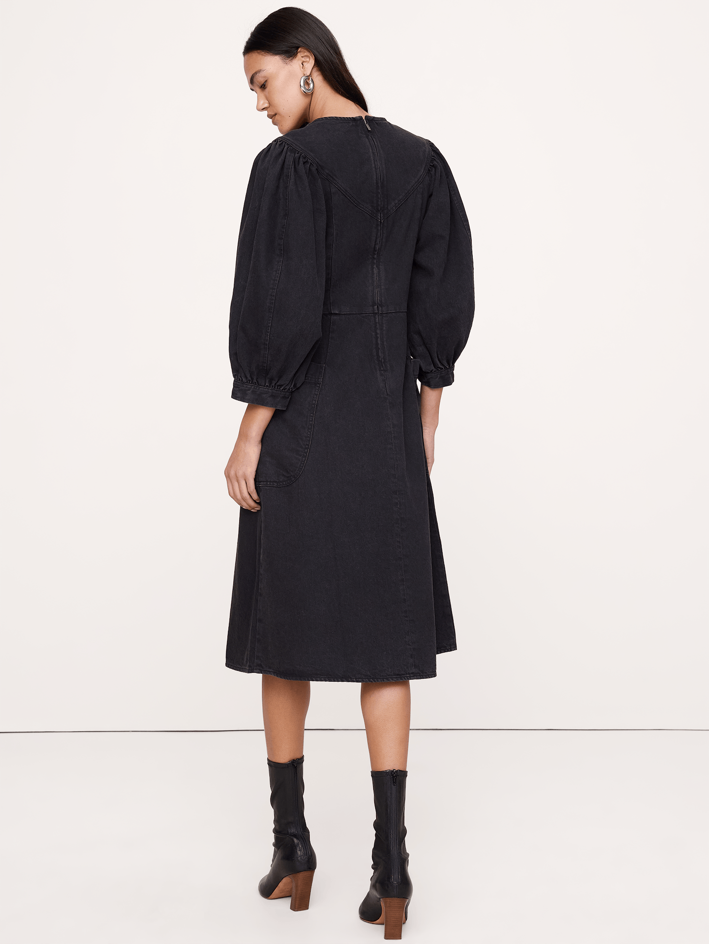 Image 3 of 4, Denim Puff-Sleeve Midi Dress