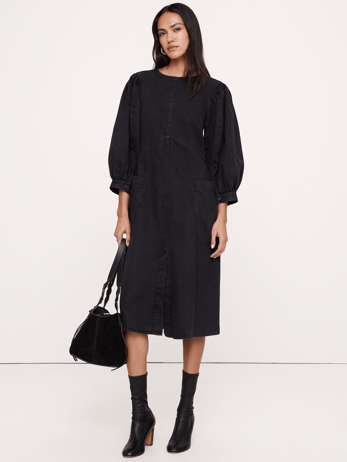 Denim Puff-Sleeve Midi Dress