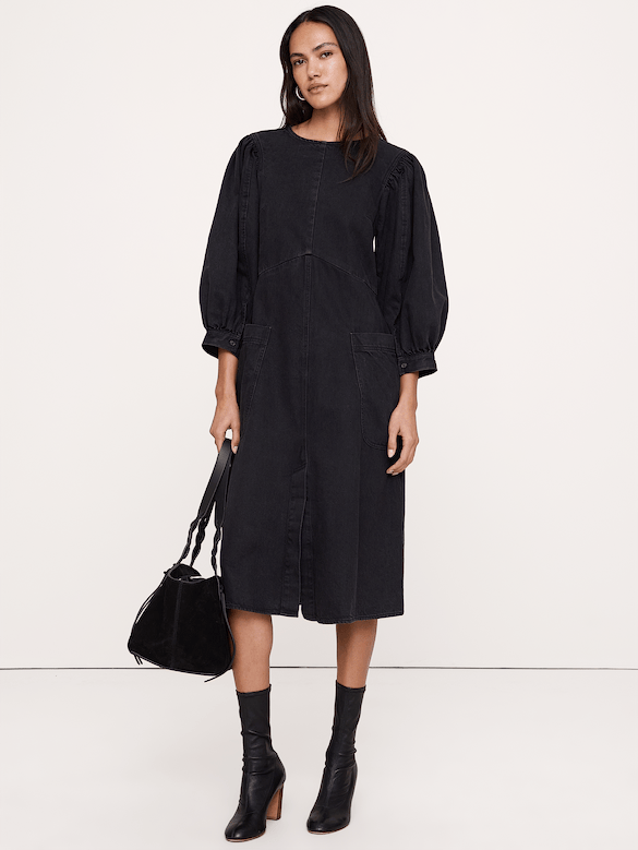 Denim Puff-Sleeve Midi Dress