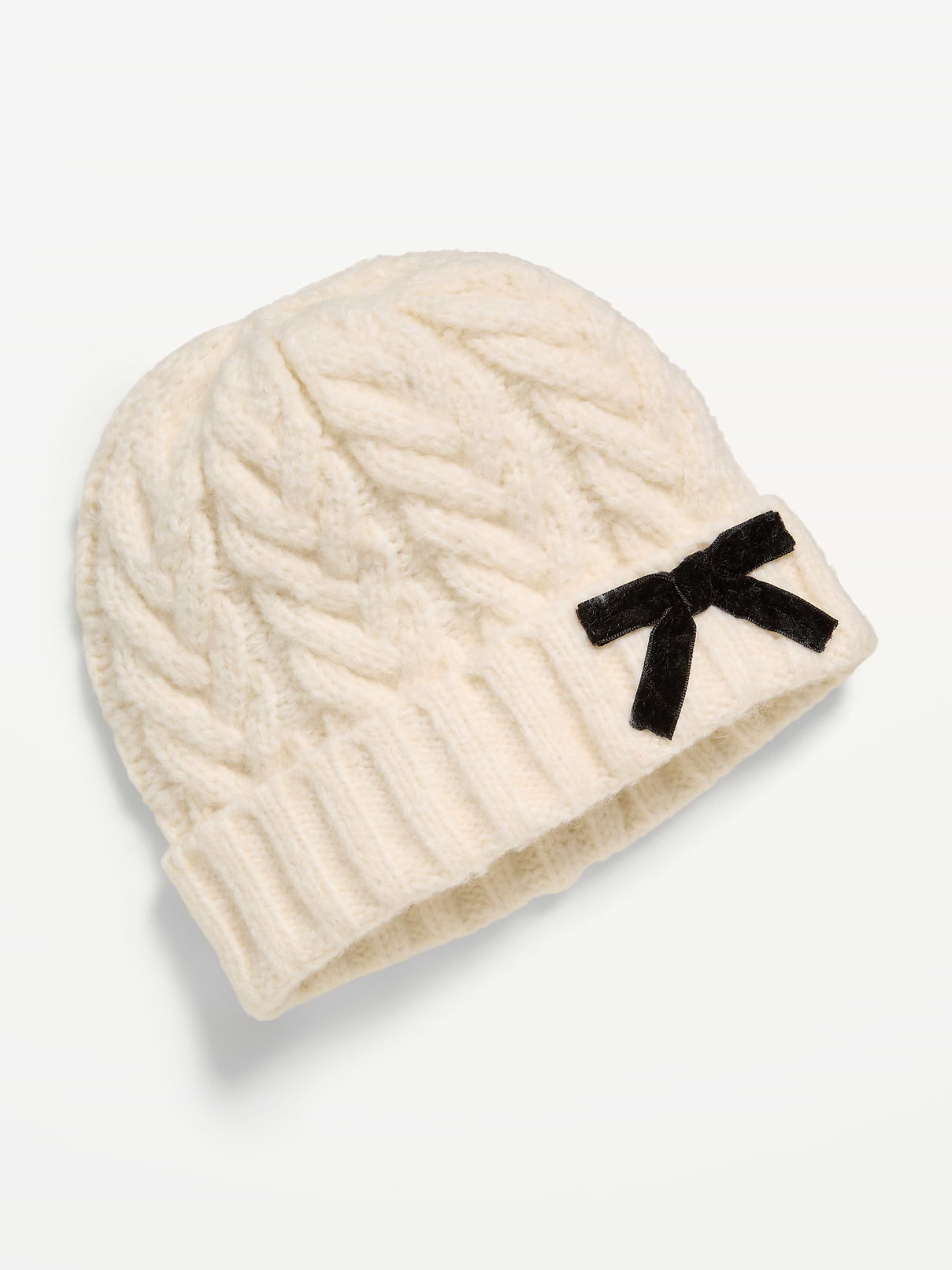 Image 1 of 1, rolled brim, cable knit, velvet bow at brim, Product #1185008