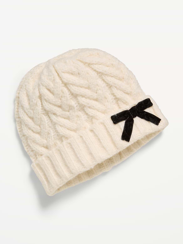 Cable-Knit Velvet-Bow Beanie for Toddler Girls