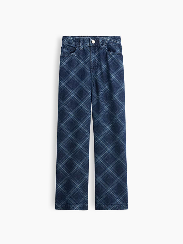 Kids High Rise Wide-Leg Plaid Jeans