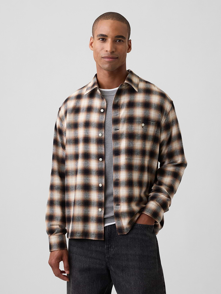 Image 1 of 5, Smooth flannel weave., Dropped shoulder, long sleeves with button cuffs., Spread collar, button front., Patch pocket with button closure at chest., Curved shirttail hem., Select styles have allover print or plaid., Product #1179286