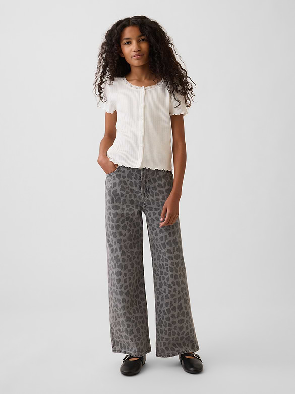Kids Low Rise Stride Leopard Wide-Leg Jeans