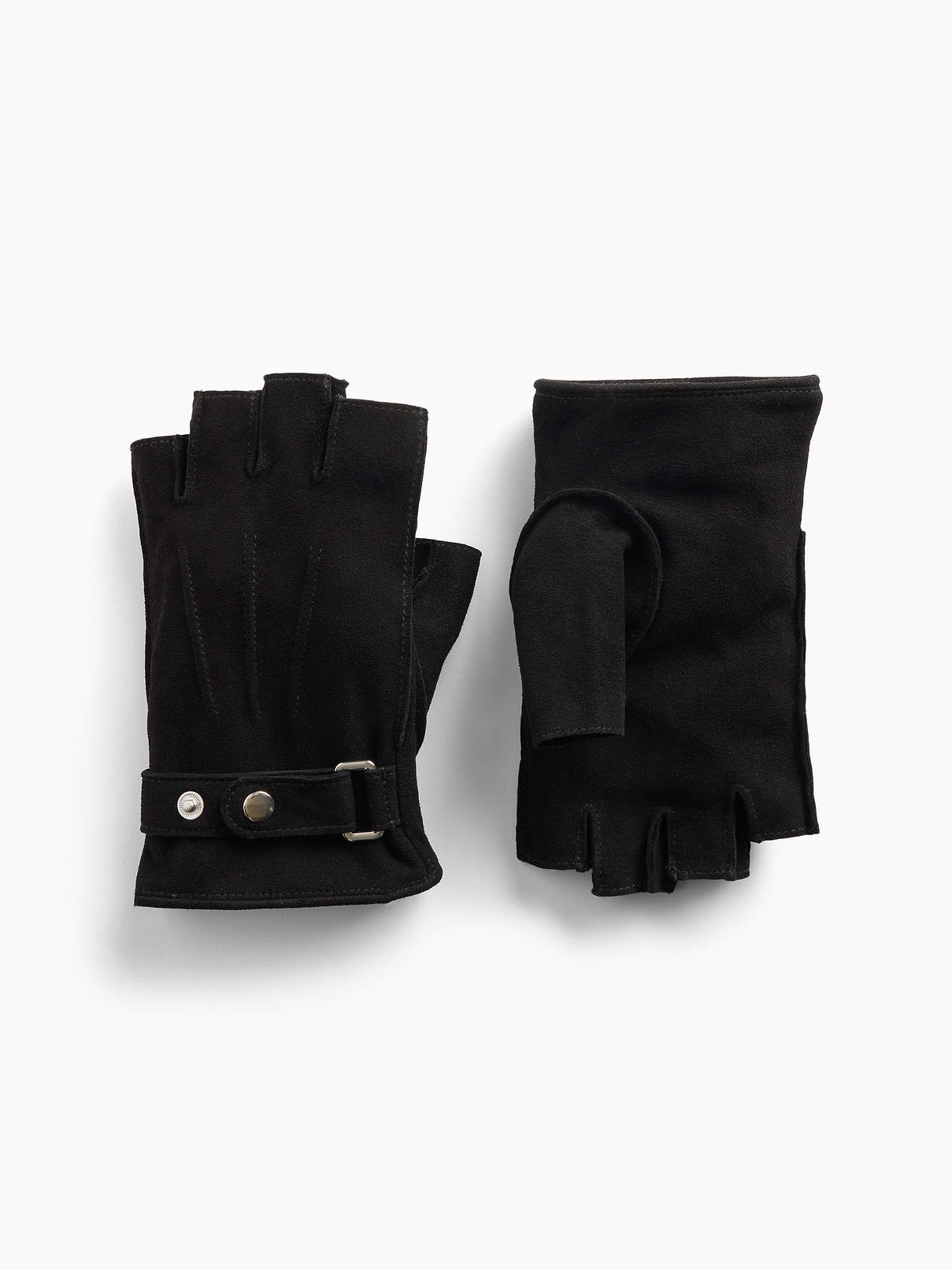 Image 1 of 2, Soft, authentic suede leather fingerless gloves., Buckle detail with snap button closures., Note: This style is prone to crocking or color transfer when wet. Please avoid contact with light-colored fabric or upholstery., Product #913032