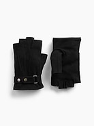Image 1 of 2, Soft, authentic suede leather fingerless gloves., Buckle detail with snap button closures., Note: This style is prone to crocking or color transfer when wet. Please avoid contact with light-colored fabric or upholstery., Product #913032