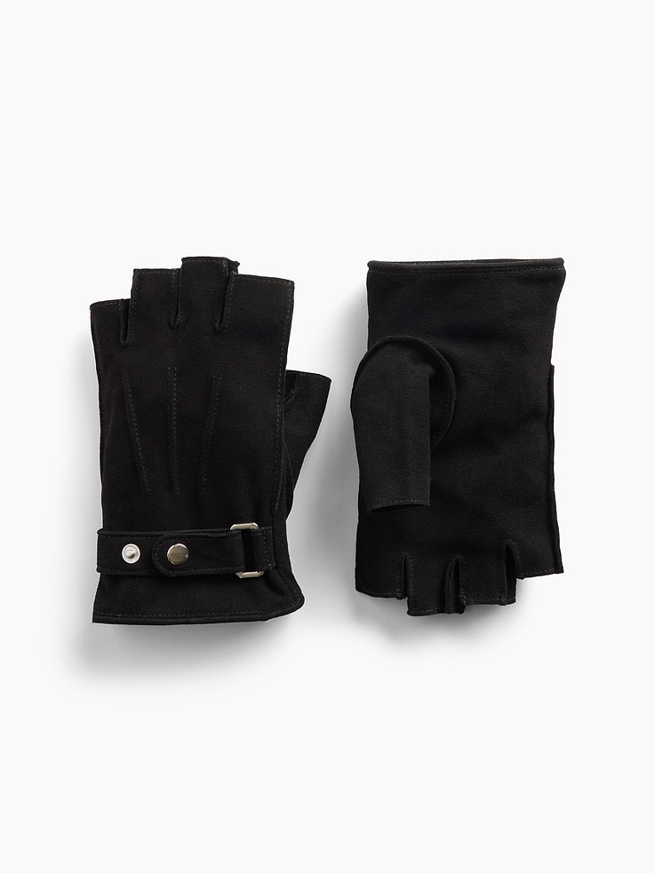 Image 1 of 2, Soft, authentic suede leather fingerless gloves., Buckle detail with snap button closures., Note: This style is prone to crocking or color transfer when wet. Please avoid contact with light-colored fabric or upholstery., Product #913032