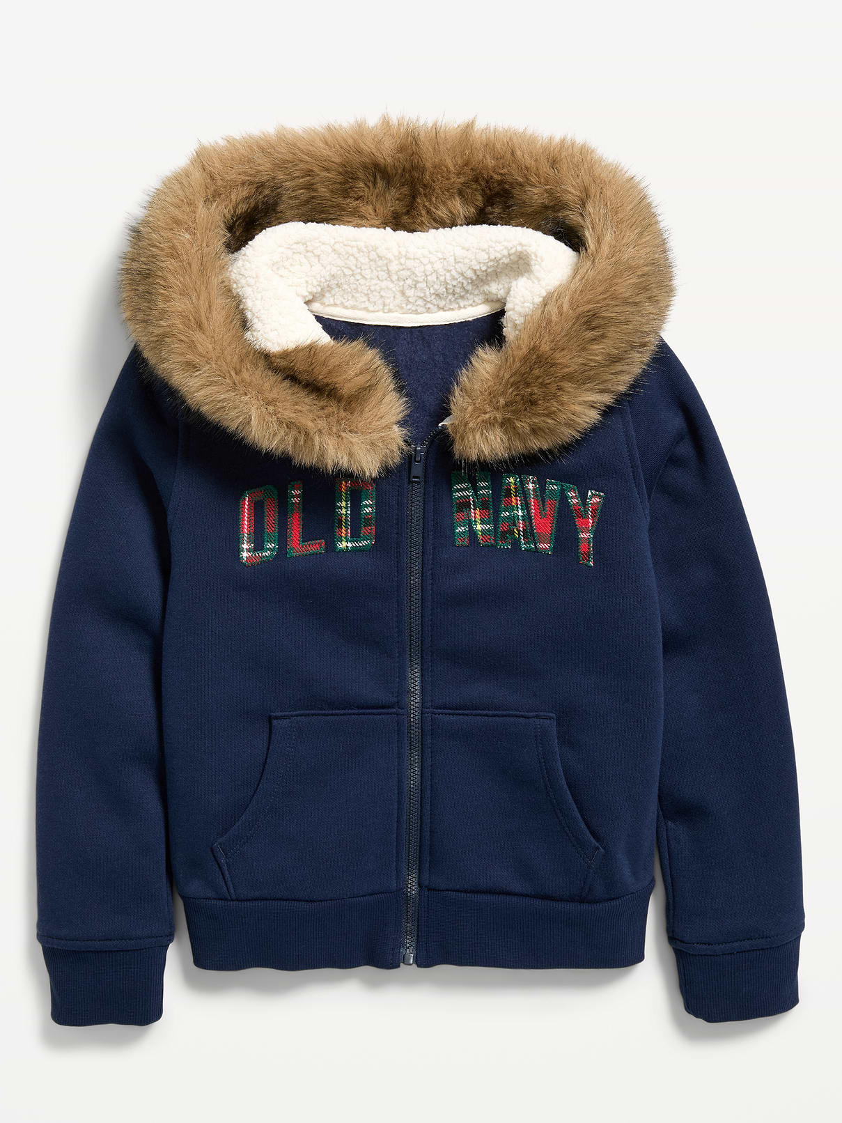 Image 1 of 3, built-in hood, faux fur trim along hood, long sleeves, full length zipper, logo graphic at front, Product #1186760