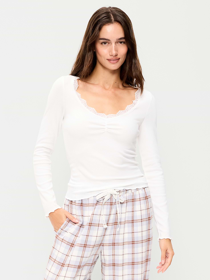 Image 1 of 4, scoop neck, long sleeves, lace-trim neckline, chinched detail, lettuce-edge cuffs and hem, Product #908472