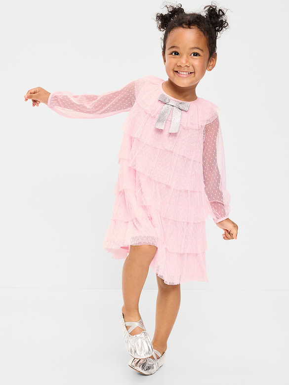 Long-Sleeve Tiered Tulle Dress for Toddler Girls