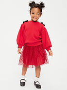 Image 1 of 4, crew neck, long sleeves, decorative bows at shoulders, coordinating skirt, elasticized waistband, mesh tulle skirt, Product #909140