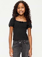 Image 1 of 3, square neckline, short puff sleeves, decorative bow at neckline, seamed waist, textured dot pattern, Product #1183729