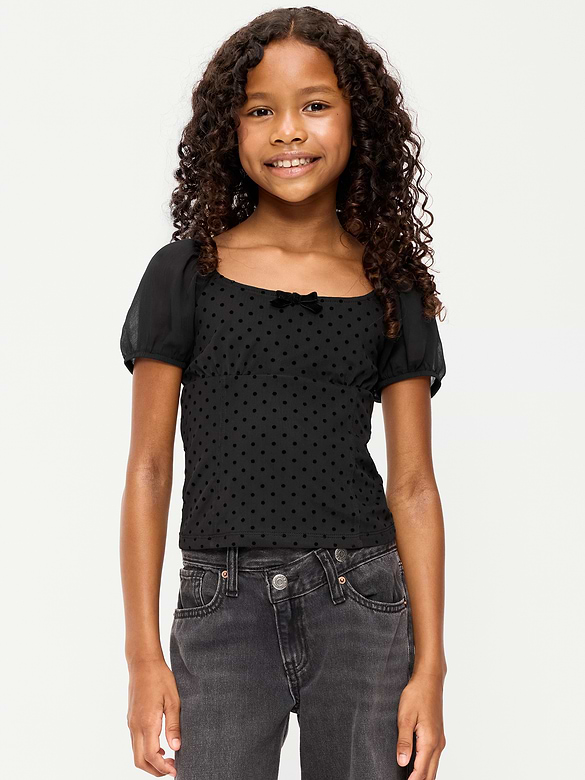 Puff-Sleeve Textured Mesh Top for Girls