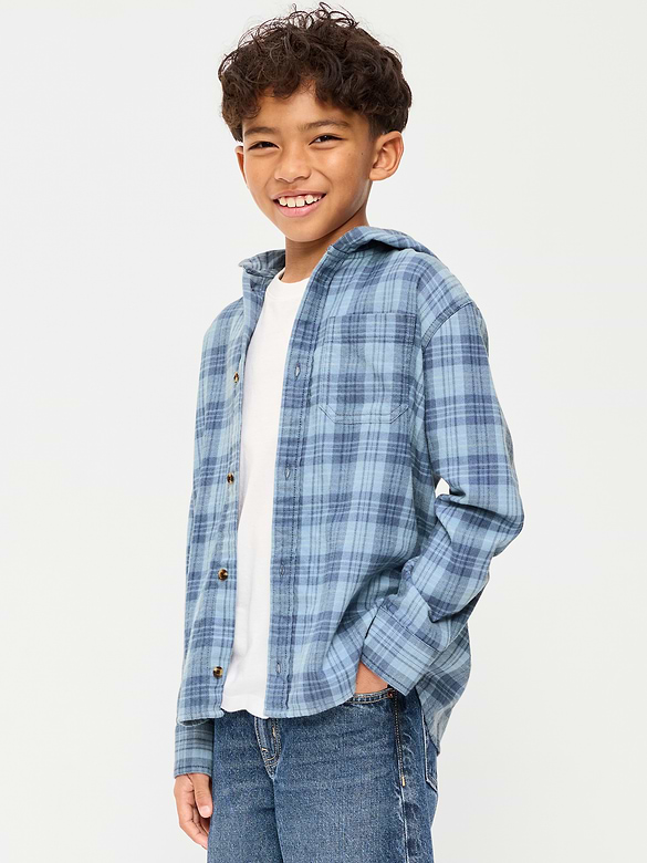 Long-Sleeve Plaid Flannel Hooded Shirt for Boys