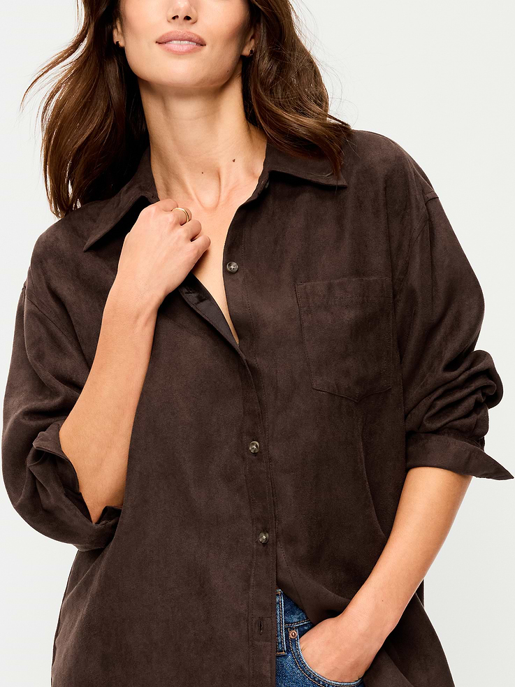 Image 4 of 8, Oversized Boyfriend Button-Down Faux-Suede Shirt