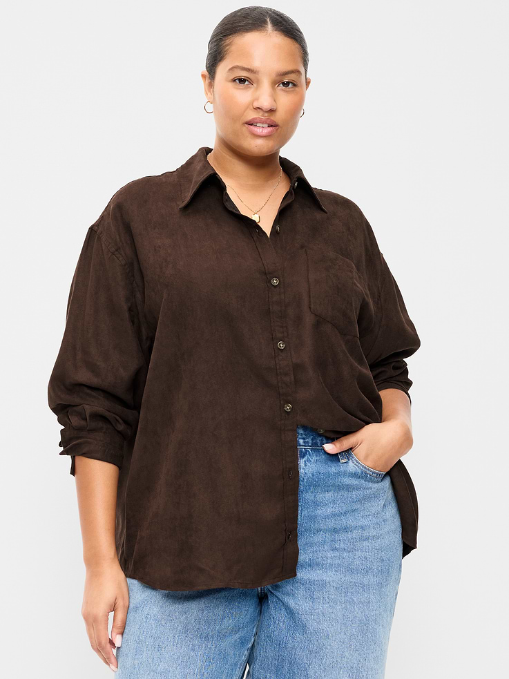 Image 7 of 8, Oversized Boyfriend Button-Down Faux-Suede Shirt