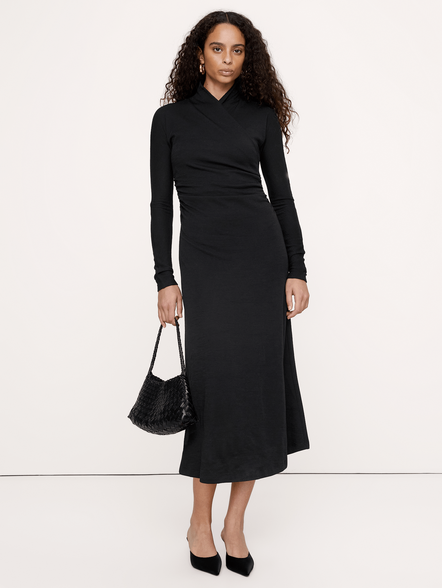 Image 1 of 6, Hard to forget. This cozy dress has a wrap neck and ruching at the center, cut from a beautiful wool blend., Stretches to fit., Bra-friendly design., Unlined., Product #1180332