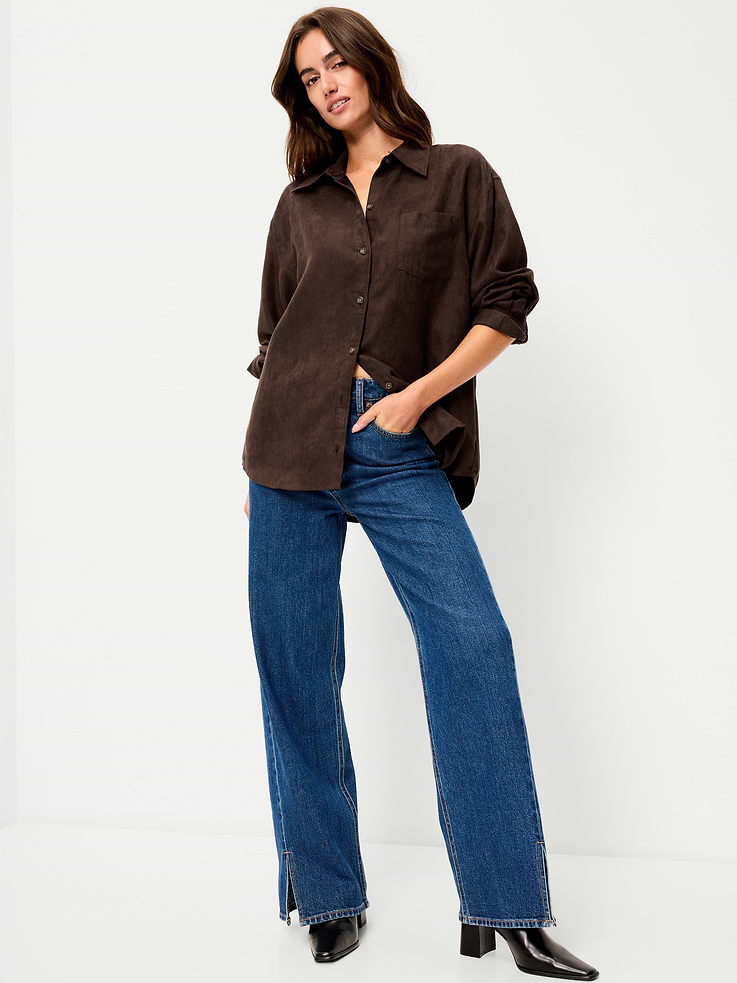 Image 3 of 8, Oversized Boyfriend Button-Down Faux-Suede Shirt