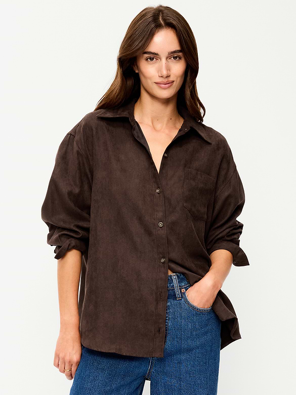 Oversized Boyfriend Button-Down Faux-Suede Shirt