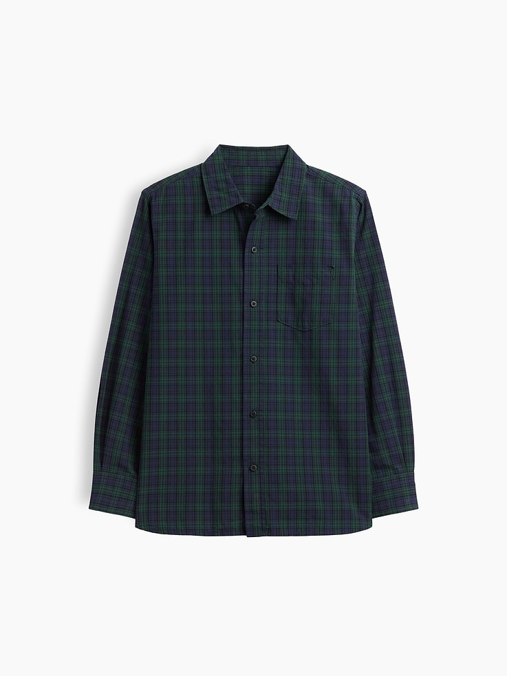Image 1 of 3, Smooth poplin weave., Long sleeves with button cuffs., Spread collar, button front., Patch pocket at chest., Curved shirttail hem is longer at back., Select styles have allover print or stripes., This product was made in a factory that invests in gender equity and women’s empowerment through RISE. Learn more at, Product #1175304