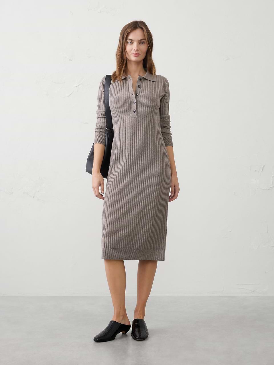 banana republic grey sweater dress Women's Ribbed Polo Midi Brown Heather Regular Size L Mini sweater