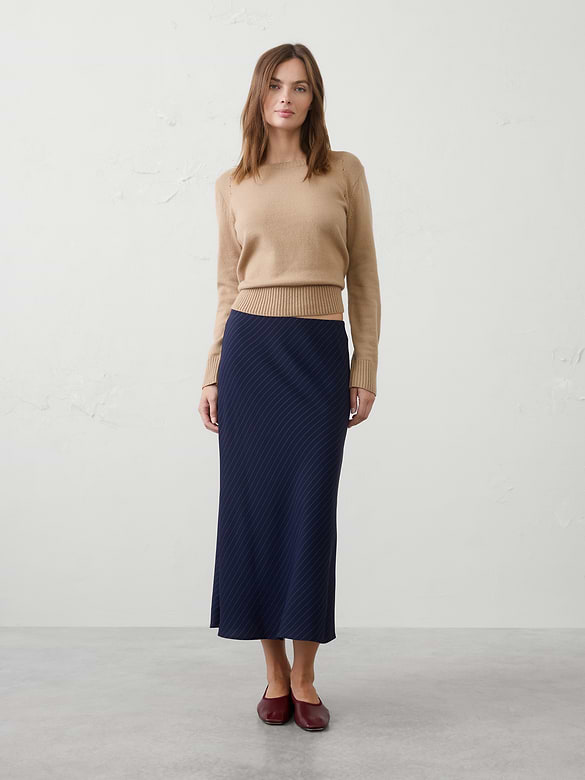 Crepe Pinstripe Pull-On Midi Skirt