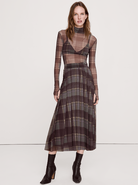 Mesh Pleated Midi Skirt