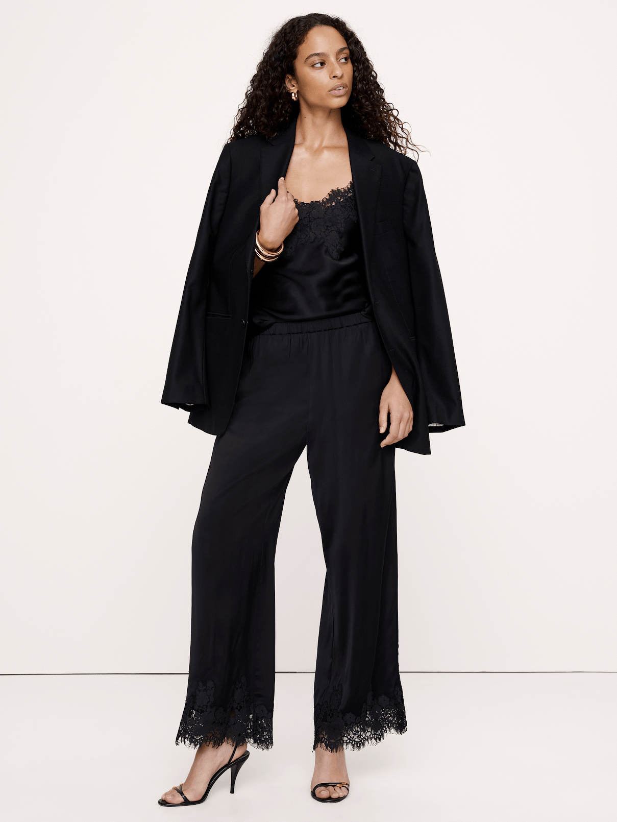 Stretch-Satin Lace-Trim Pull-On Pant