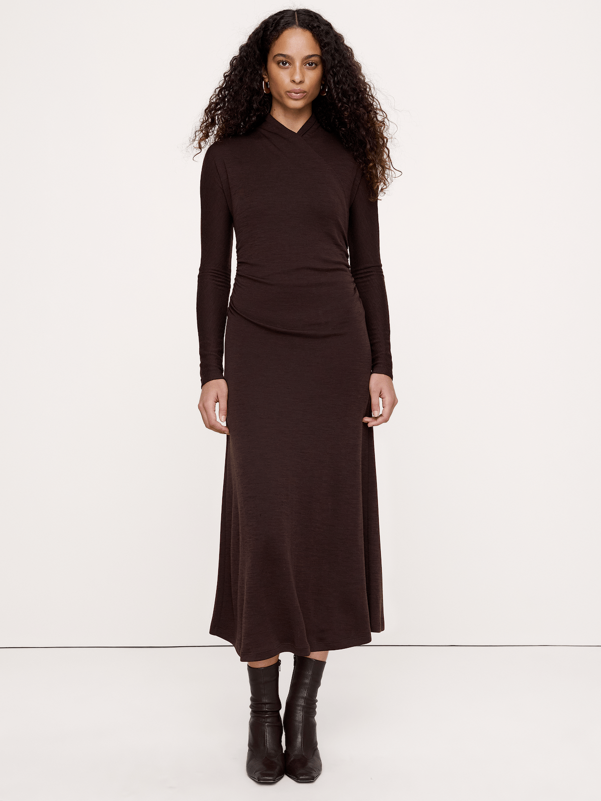 Image 1 of 6, Hard to forget. This cozy dress has a wrap neck and ruching at the center, cut from a beautiful wool blend., Stretches to fit., Bra-friendly design., Unlined., Product #1180332