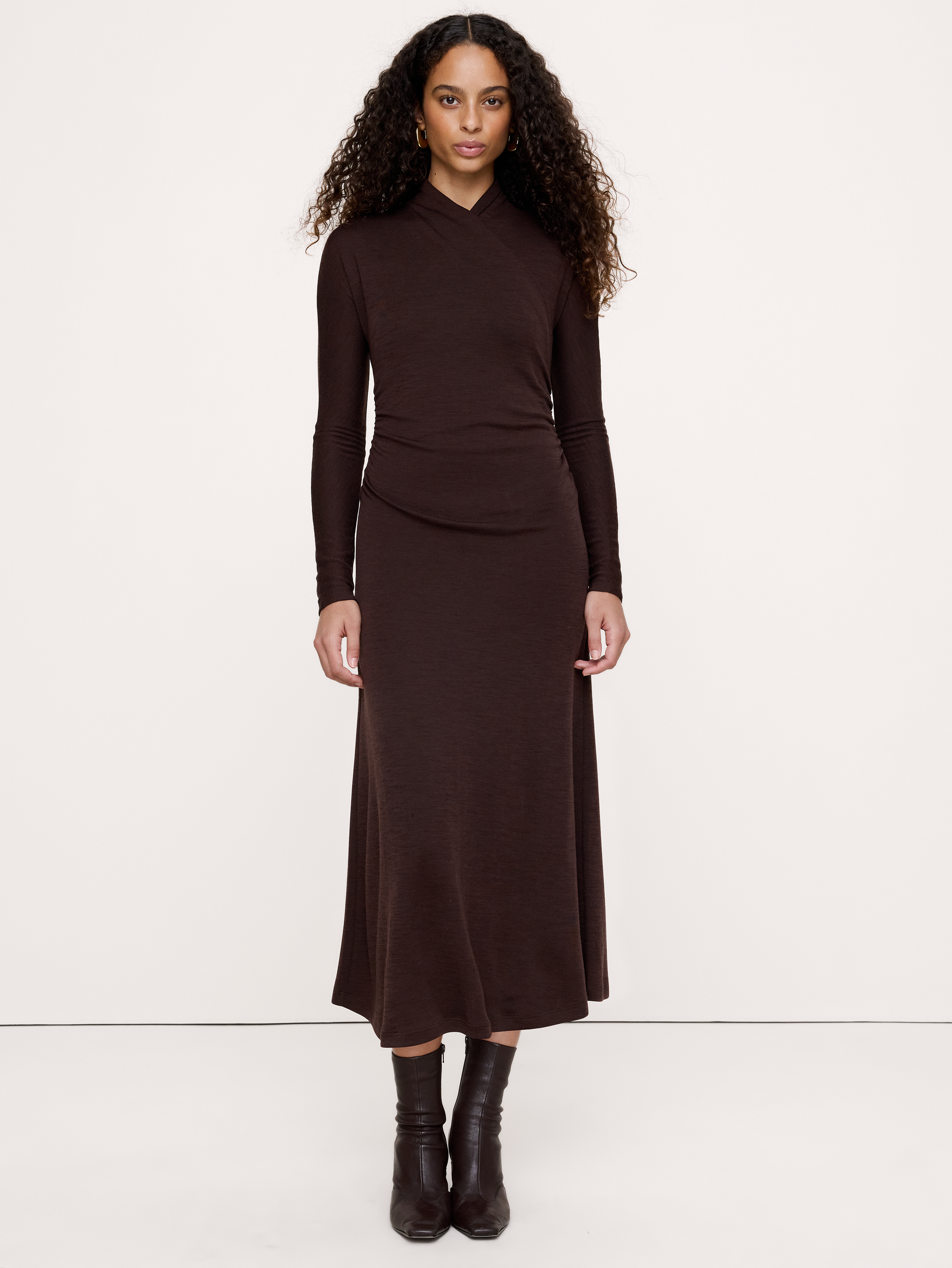 Image 1 of 6, Hard to forget. This cozy dress has a wrap neck and ruching at the center, cut from a beautiful wool blend., Stretches to fit., Bra-friendly design., Unlined., Product #1180332