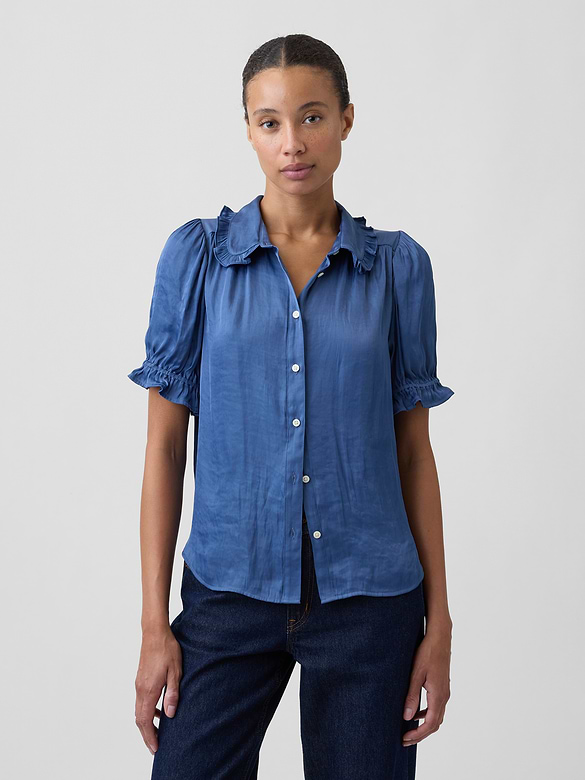 100% Recycled Puff Sleeve Ruffle Shirt