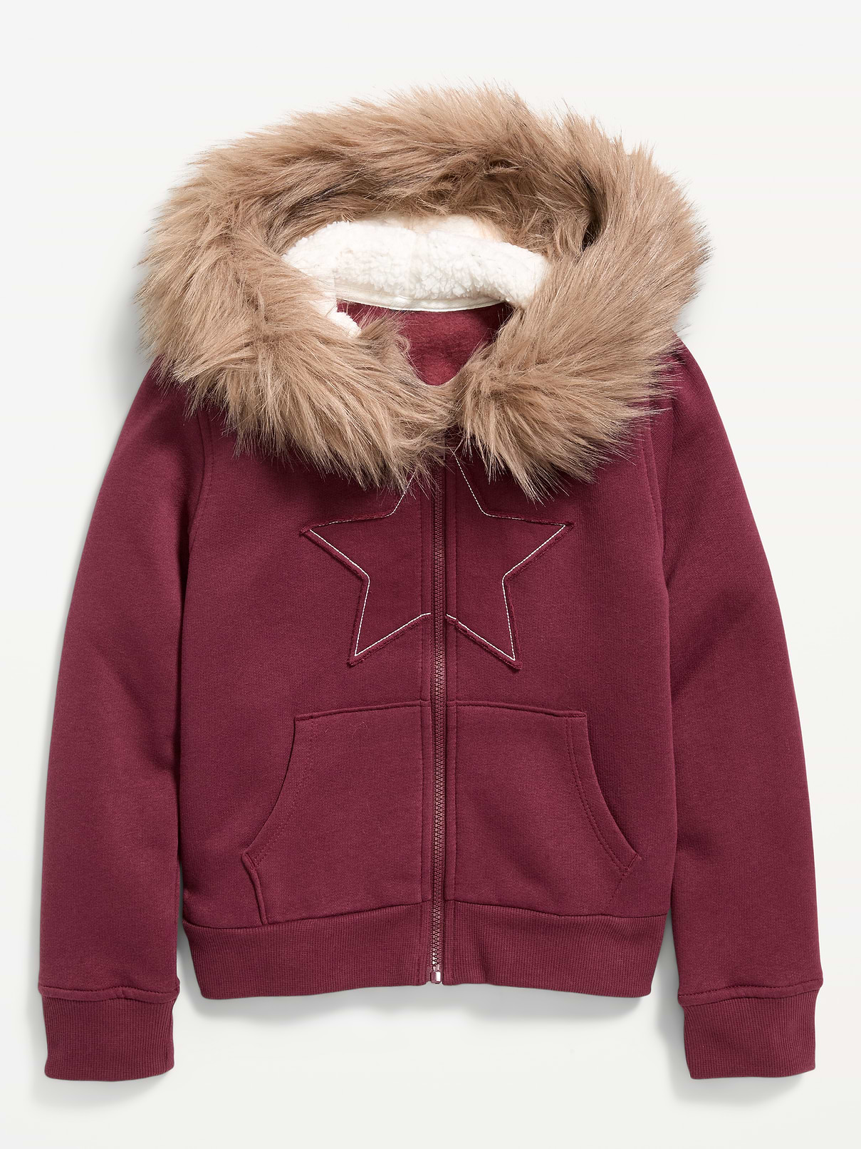 Image 1 of 3, built-in hood, faux fur trim along hood, long sleeves, full length zipper, graphic at front, Product #907018
