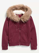 Image 1 of 3, built-in hood, faux fur trim along hood, long sleeves, full length zipper, graphic at front, Product #907018