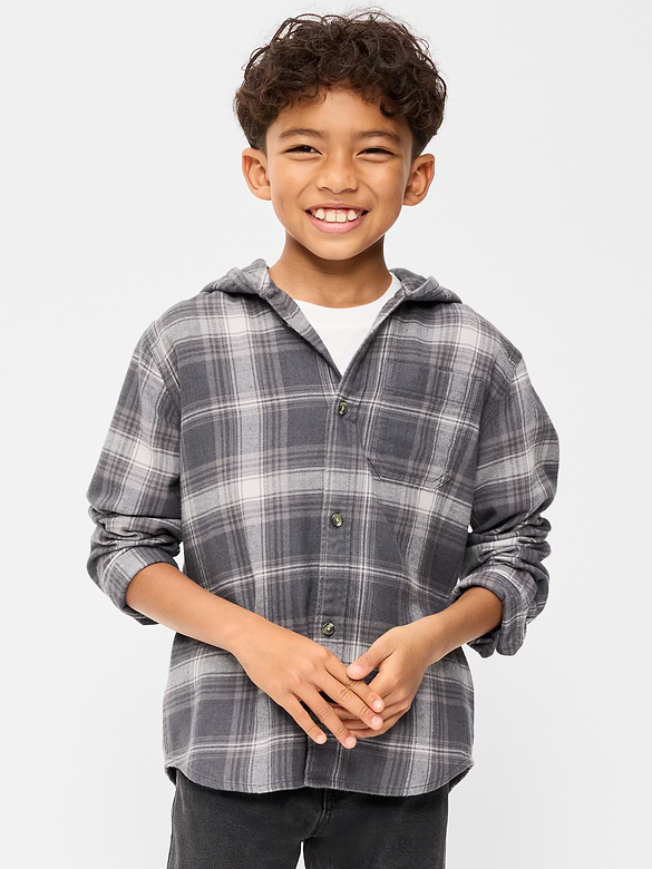 Long-Sleeve Plaid Flannel Hooded Shirt for Boys