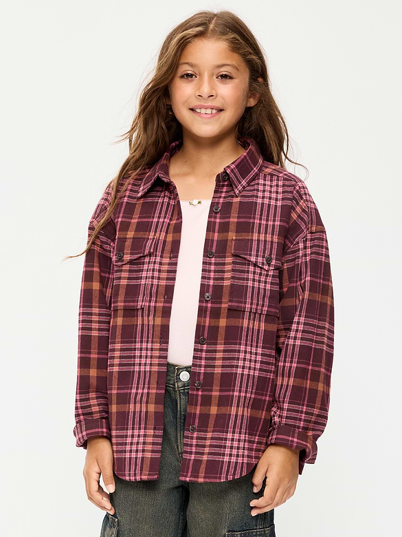 Oversized Long-Sleeve Utility Pocket Flannel Shirt for Girls