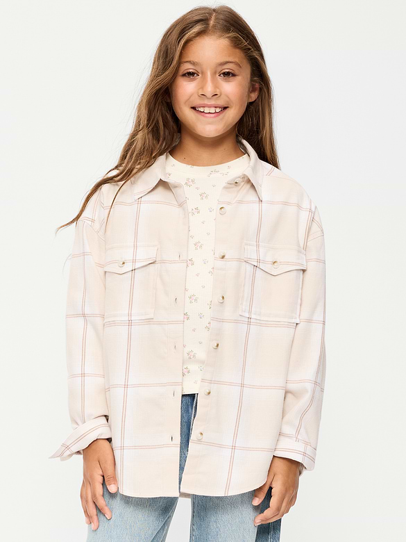 Oversized Long-Sleeve Utility Pocket Flannel Shirt for Girls