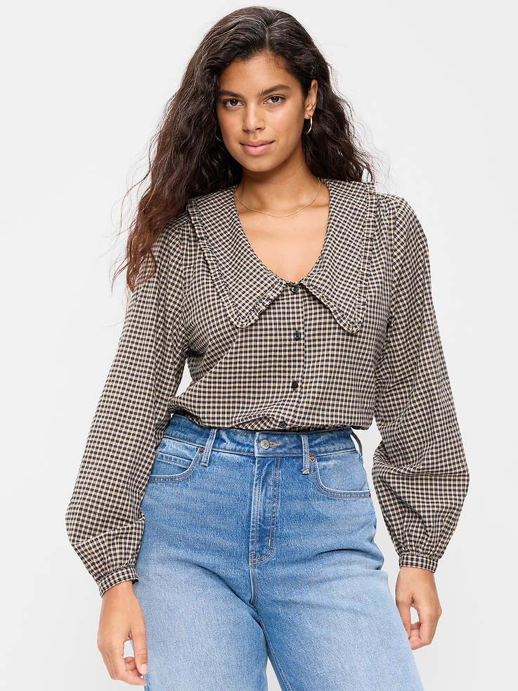 Image 5 of 8, Long-Sleeve Statement Collar Button-Front Top
