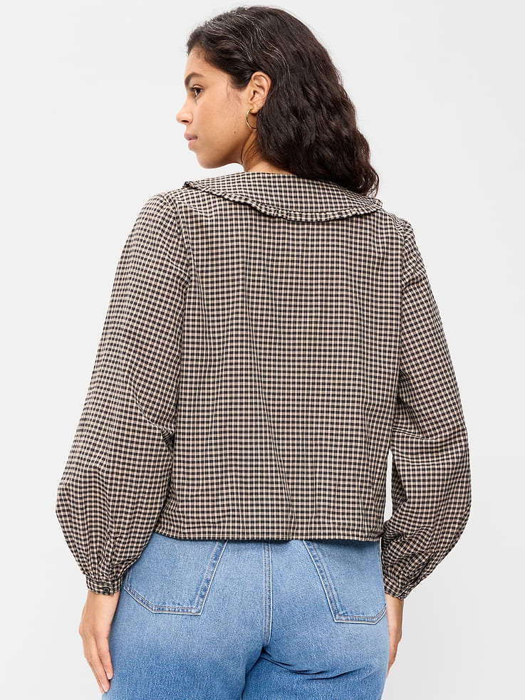 Image 6 of 8, Long-Sleeve Statement Collar Button-Front Top