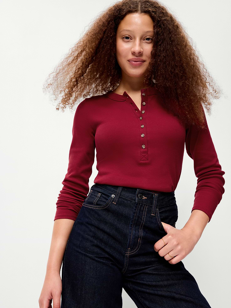 Image 1 of 8, A skimming fit that hugs your bod just right., crew neck, long sleeves, henley placket, Product #909480
