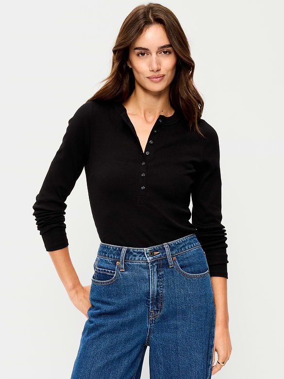 Snug Long-Sleeve Ribbed Henley T-Shirt