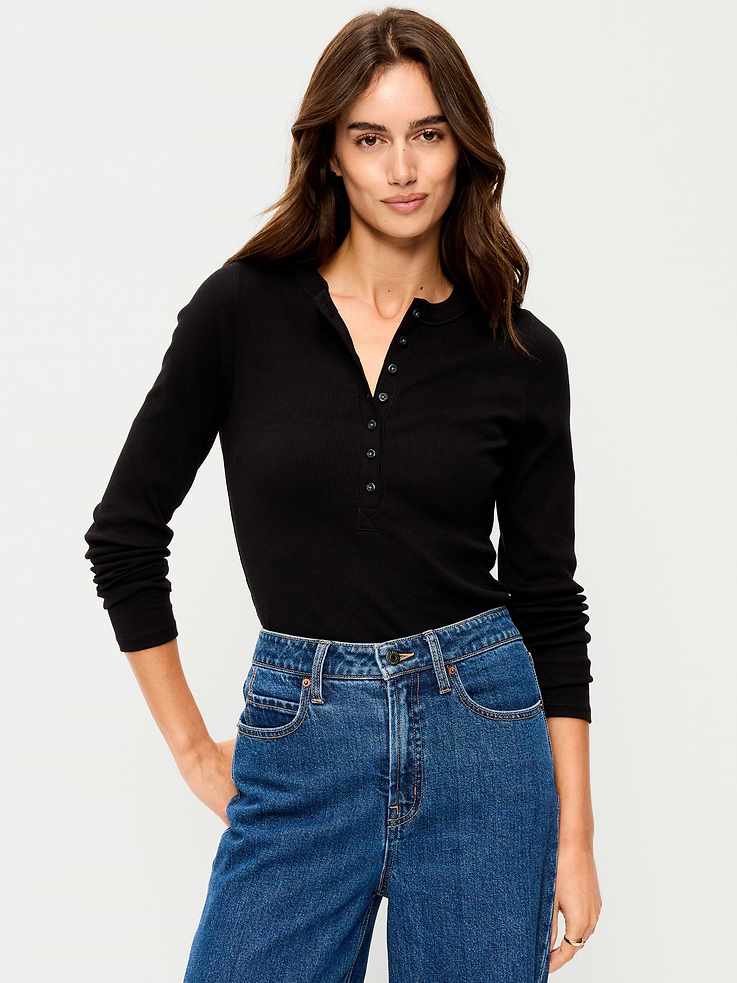 Image 1 of 8, A skimming fit that hugs your bod just right., crew neck, long sleeves, henley placket, Product #909480