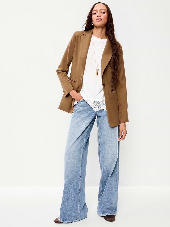 Longline Twill Double-Breasted Blazer