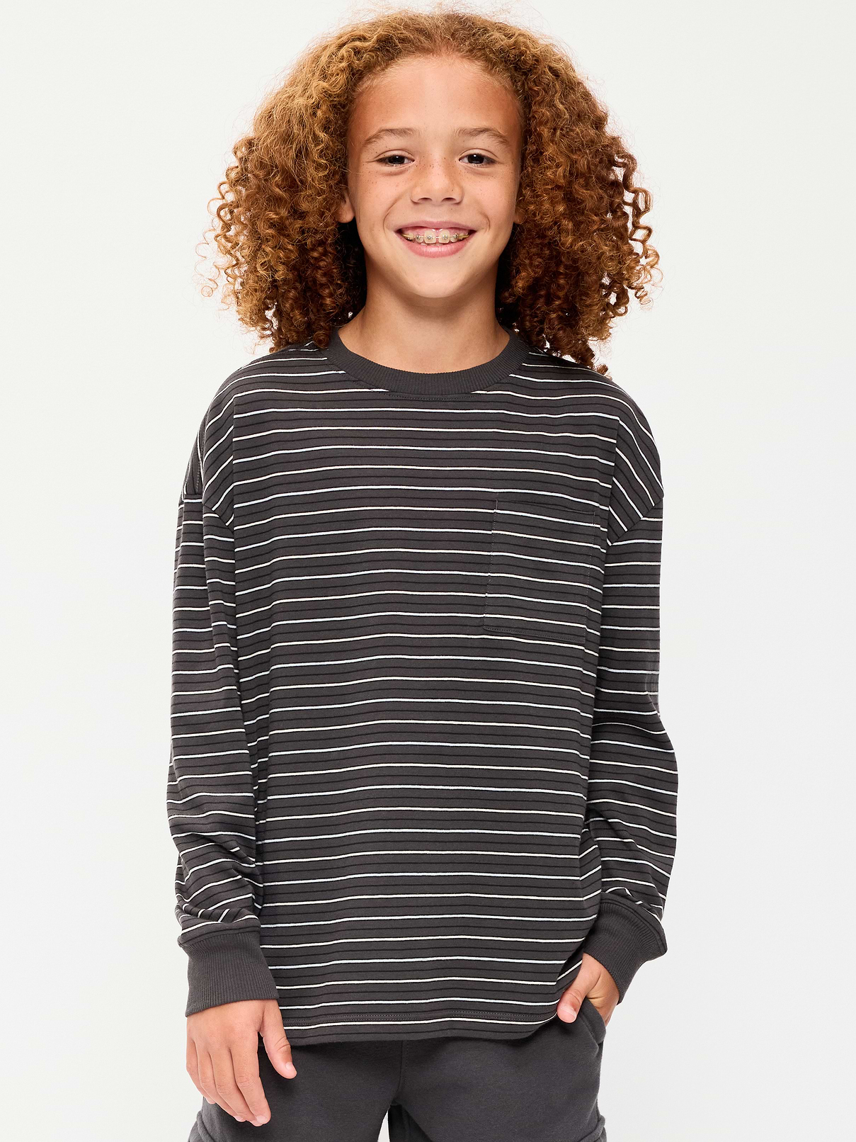 Image number 1 showing, Oversized Long-Sleeve Striped Pocket T-Shirt for Boys