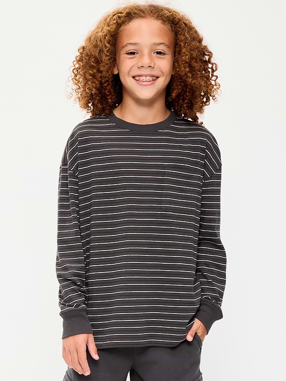 Oversized Long-Sleeve Striped Pocket T-Shirt for Boys