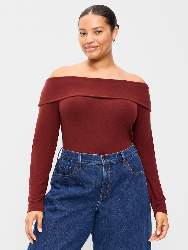 Image 7 of 8, Off-The-Shoulder Long-Sleeve Fitted Top