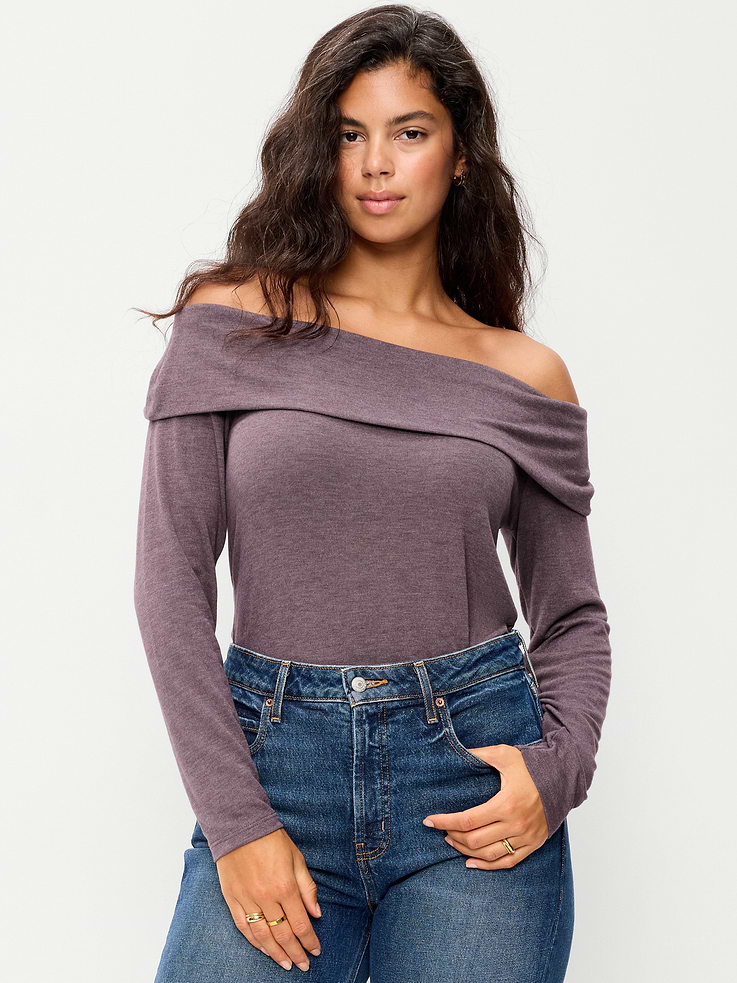 Image 5 of 8, Off-The-Shoulder Long-Sleeve Fitted Top