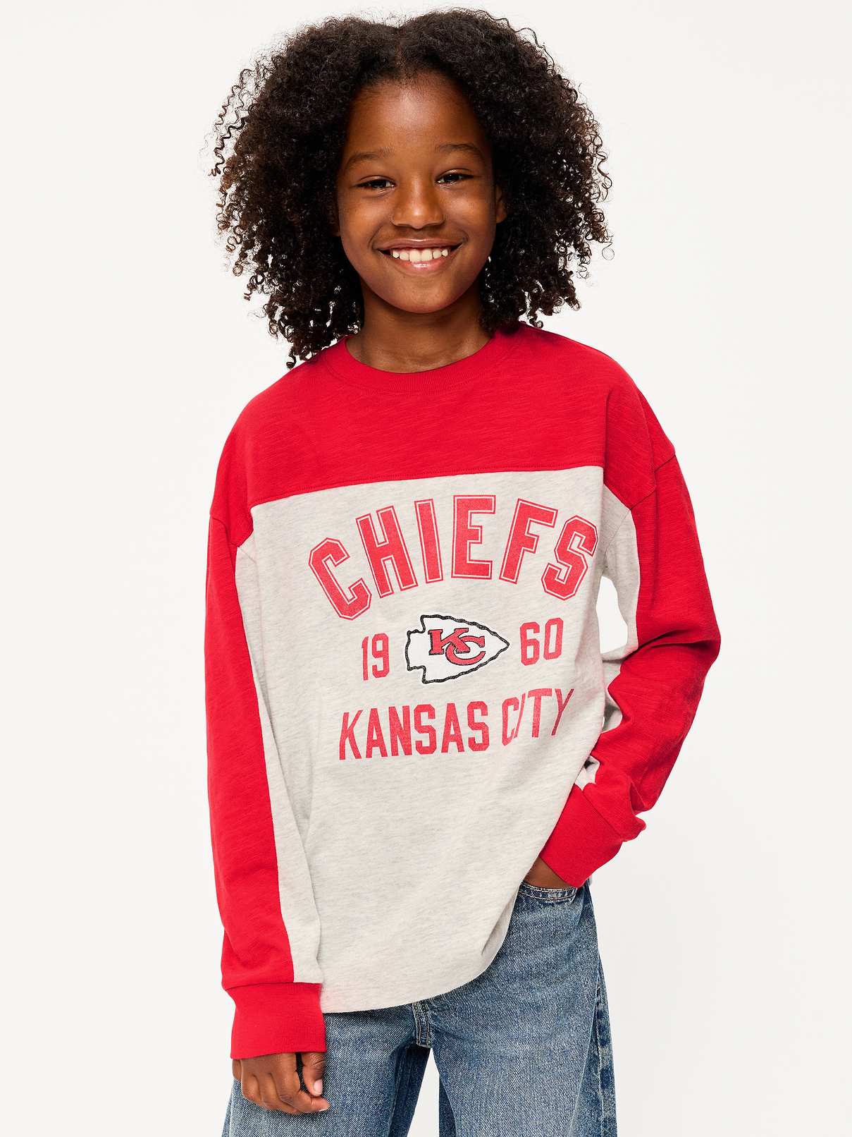 Image number 1 showing, Kansas City Chiefs Long-Sleeve Oversized Graphic Football T-Shirt for Boys