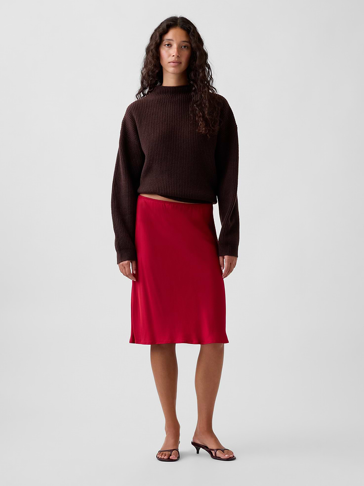 Image 1 of 5, Smooth, satin viscose rayon pull-on knee-length skirt., Elasticized waist with flutter trim., Bias cut., Certain styles have an allover print., Made with 100% LENZING™ ECOVERO™ viscose fibers, which are derived from controlled or certified wood sources., Product #909062